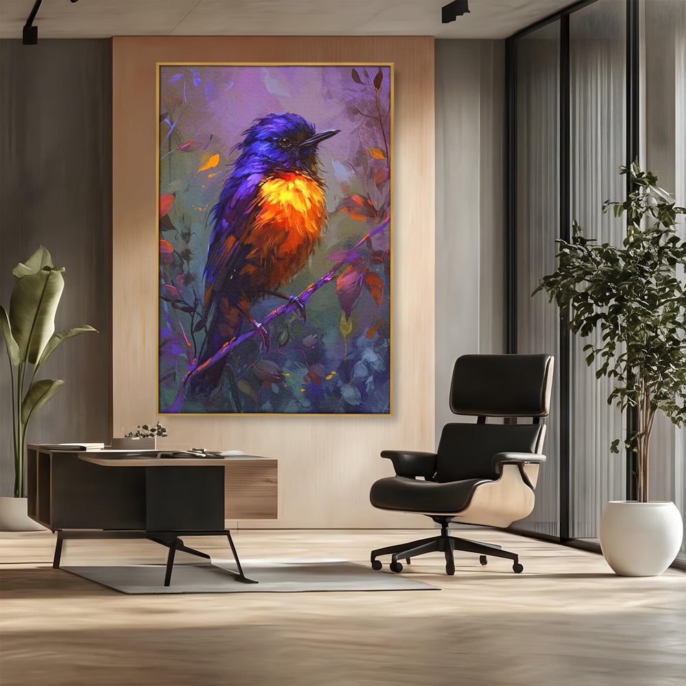 Tablou canvas cu tablou canvas cu pasare colorata pe ramura, in rama de aluminiu auriu, pe perete intr-un birou